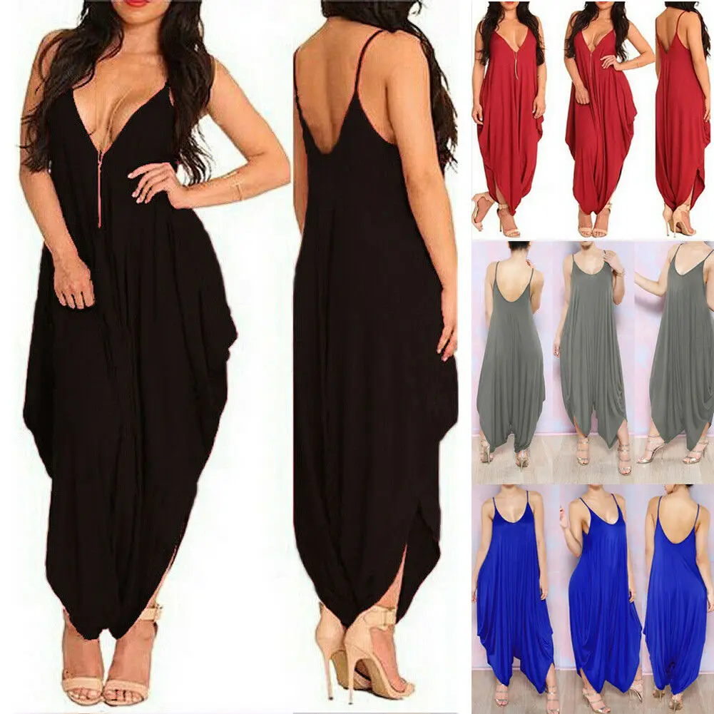 Большие размеры женские свободные брюки с v-образным вырезом комбинезон