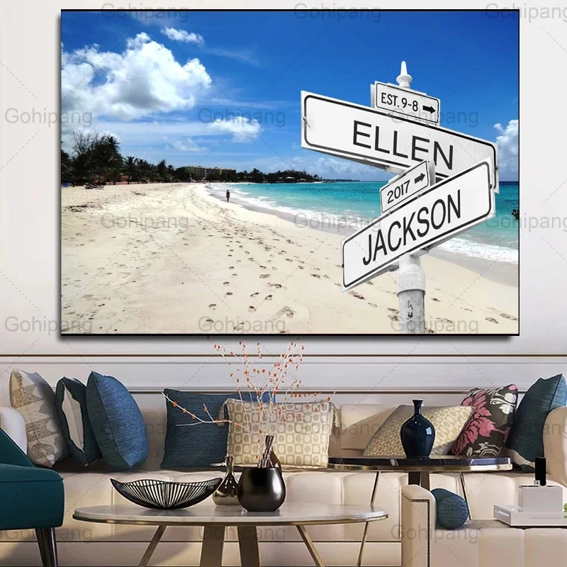 

Personalized Customization Painting Private Name Beach City Street Sign Canvas Painting Home Living Room Decoration Wall Picture