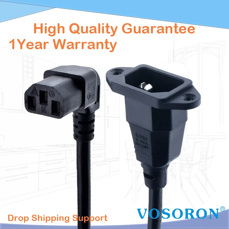 IEC320 C14 для C13 удлинитель, C14 с резьбовыми отверстиями и C13 вниз под углом короткий, 60 см в длину, H05VV-F 3G 0,75 мм