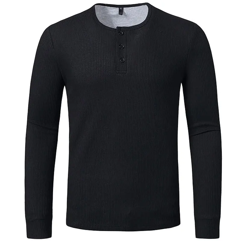 New T Shirt Men Long Sleeve Henley Collar Solid Color Tee Tops Mens Casual Slim Fit Tshirts White Black Gray Tees Daily Wear | Мужская