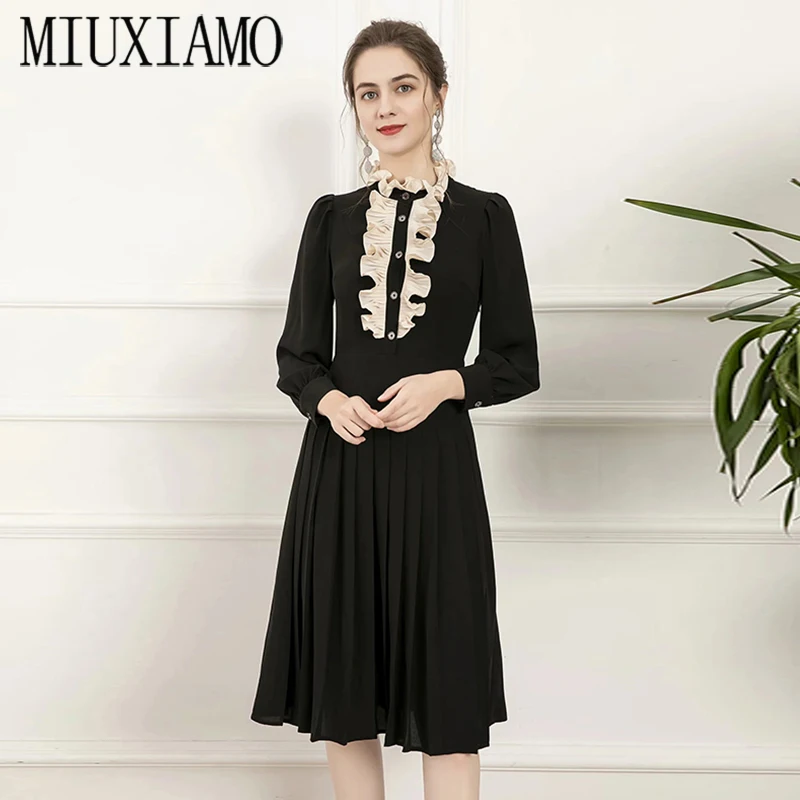 

MIUXIMAO 2021 Spring Summer Party Dress Flower Print Long sleeve Office Lady Black Casual Dress Women Vestidos With Ruffles