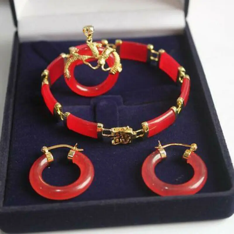 

Genuine China Jade Pendant necklace Earrings Bracelet Suit Sets yellow gold