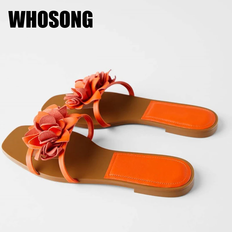 

New Summer Women Slippers Woman Flower Outside Shoes Girls Slides Ladies Pu Leather Flats Female Orange Brand Slides Soft Mules