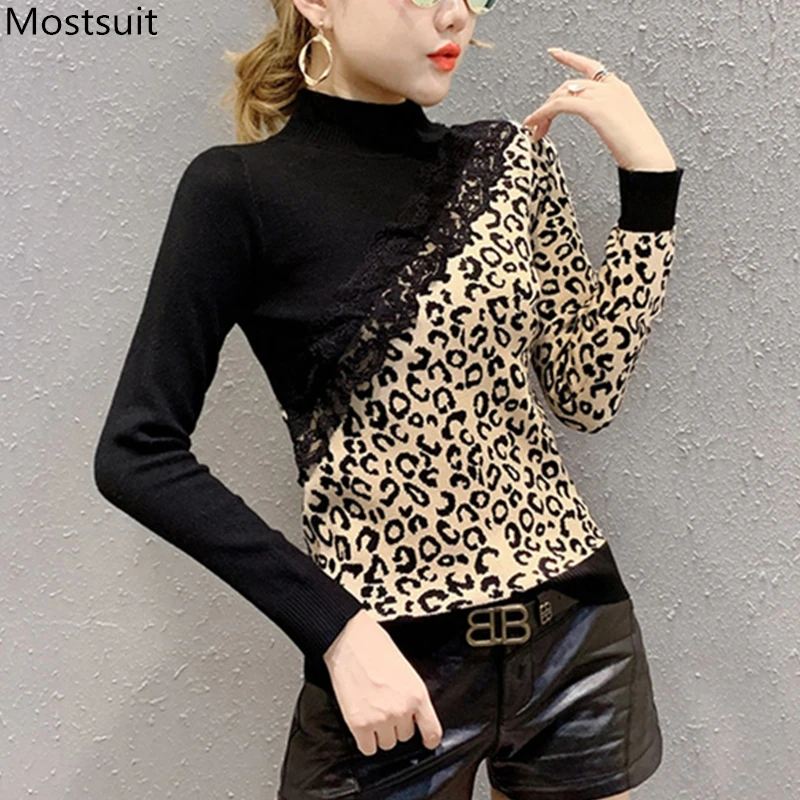 Long Sleeve Leopard Knit Sweater Women Autumn Winter Fashion Ol Lace Patchwork Turtleneck Pullover Tops Ladies Sweaters 2019 | Женская