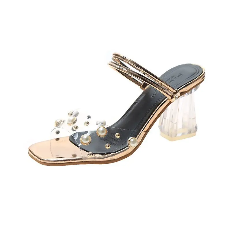 

Women's Sandals 2021 New Series Fashion High-heeled Crystal Heel Women's Shoes Transparent Heels Square Toe Two-wear Pearl High-