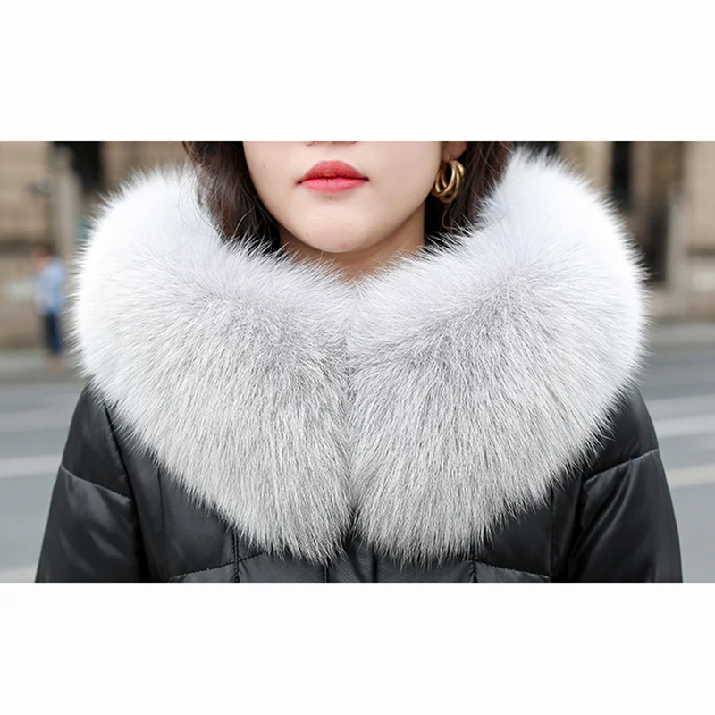 New Women Leather Down Jacket Autumn Winter 2022 Fashion Real Fox Fur Collar Hooded Slim Sheepskin Overcoat Long Down Coat