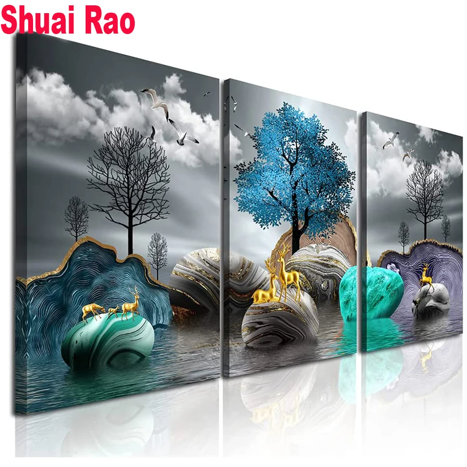 

3 Piece Gren Tree Landscape Deer Stone Diamond Embroidery Picture Of Rhinestones Home Decor Diamond Painting Full Square