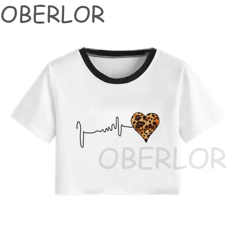 

Vintage Retro Leopard Heart New Summer Crop Top Shirt Casual Loose T-Shirt For Women Print O-Neck Short Sleeve Women's Tunic