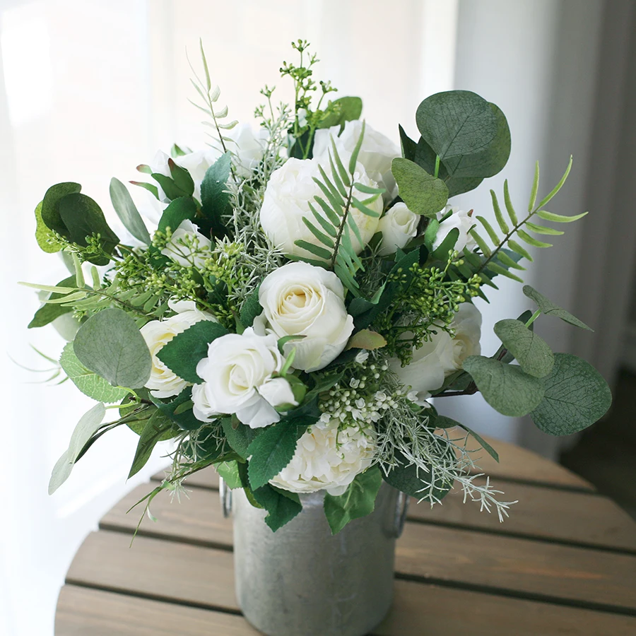 JaneVini винтажный белый зеленый Свадебный Шелковый букет Bloemen broiloft Aftificial Свадебные цветы Бохо букет цветов невесты