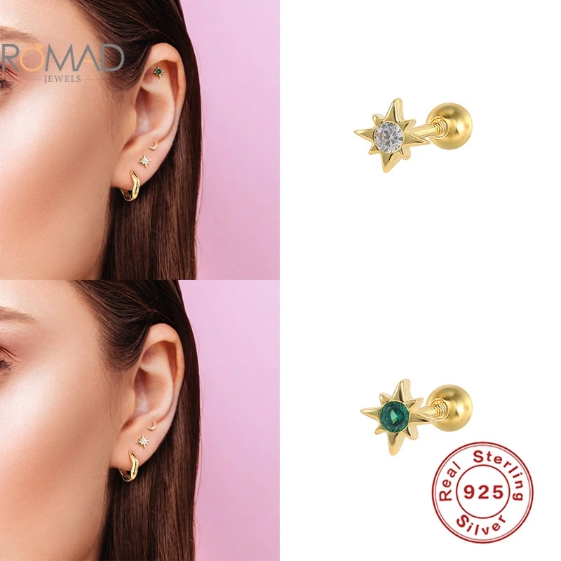 

ROMAD 1PCS Mini Stud Earrings 925 Sterling Silver Octagonal Star Pattern Diamond Pierced Earrings Women Piercing Jewelry Aretes