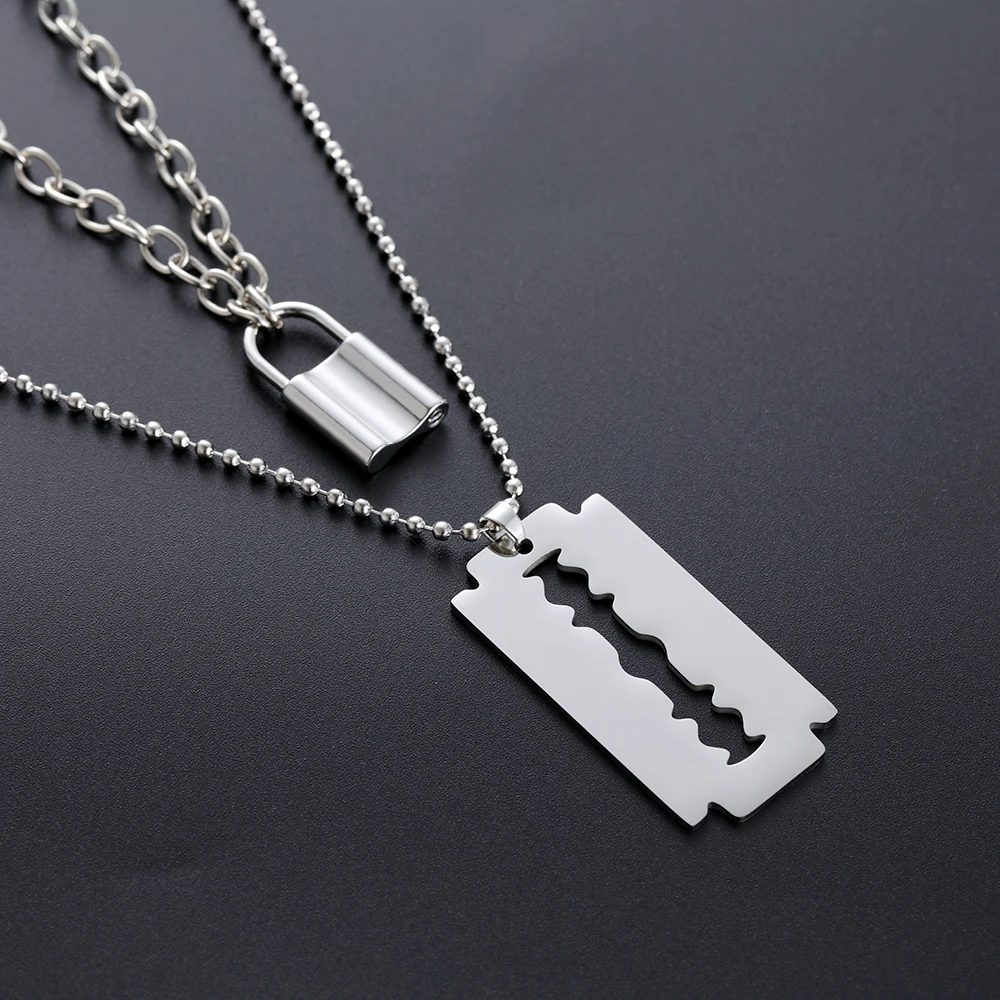 1 шт. женский двухслойный замок кулон ожерелье полый из большого лезвия бритвы