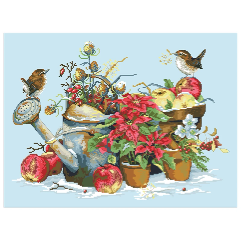 

Flower pot and birds cross stitch kit aida 14ct 11ct count blue canvas cross stitches needlework embroidery DIY handmade