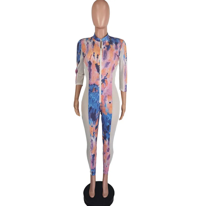 

Sexy Tie Dyeing Mesh Spliced Jumpsuits Women Overalls Fashion Long Sleeve Zipper Slim Fit Jumpsuits Sport Suit Female S-2XL