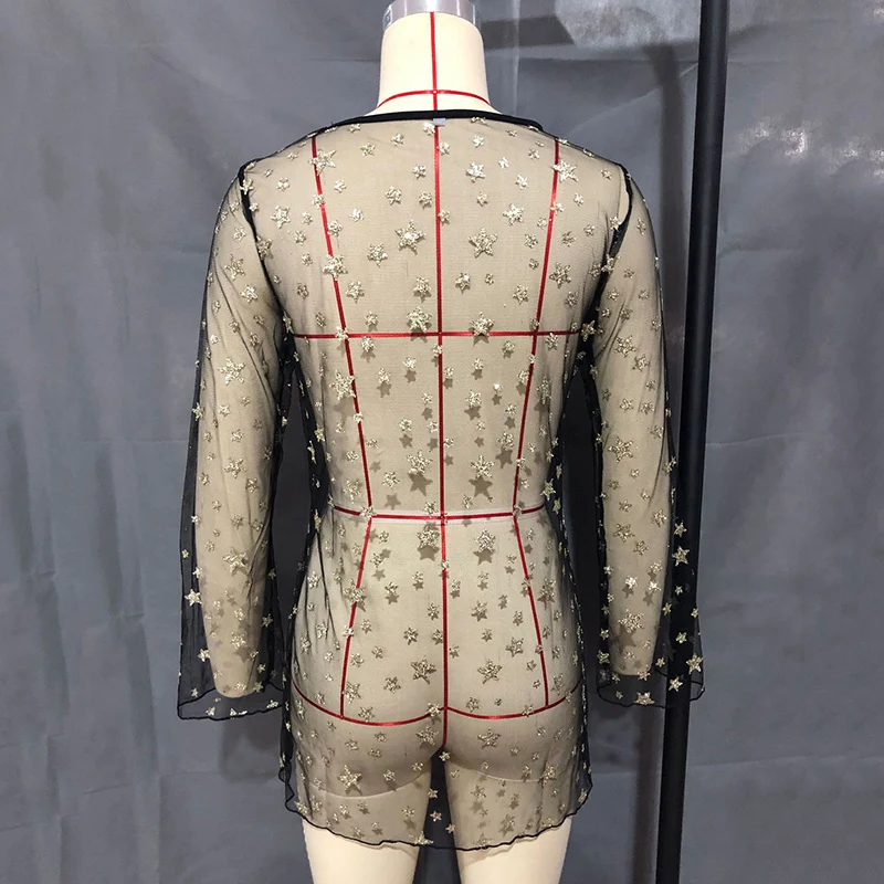 Сетчатое горячее тиснение звезда черное платье с длинным рукавом Прозрачный O