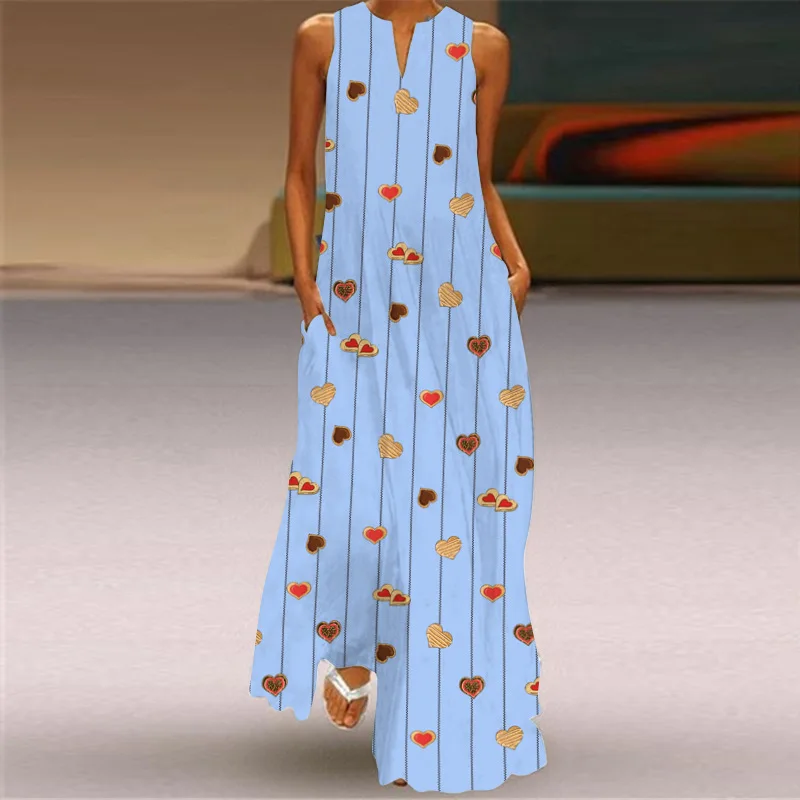 

New 2021 Women Love Heart Print Dress Casual V-Neck Sleeveless Pocket Long Dress Loose Plus Size 5XL Summer Beach Dress Vestidos