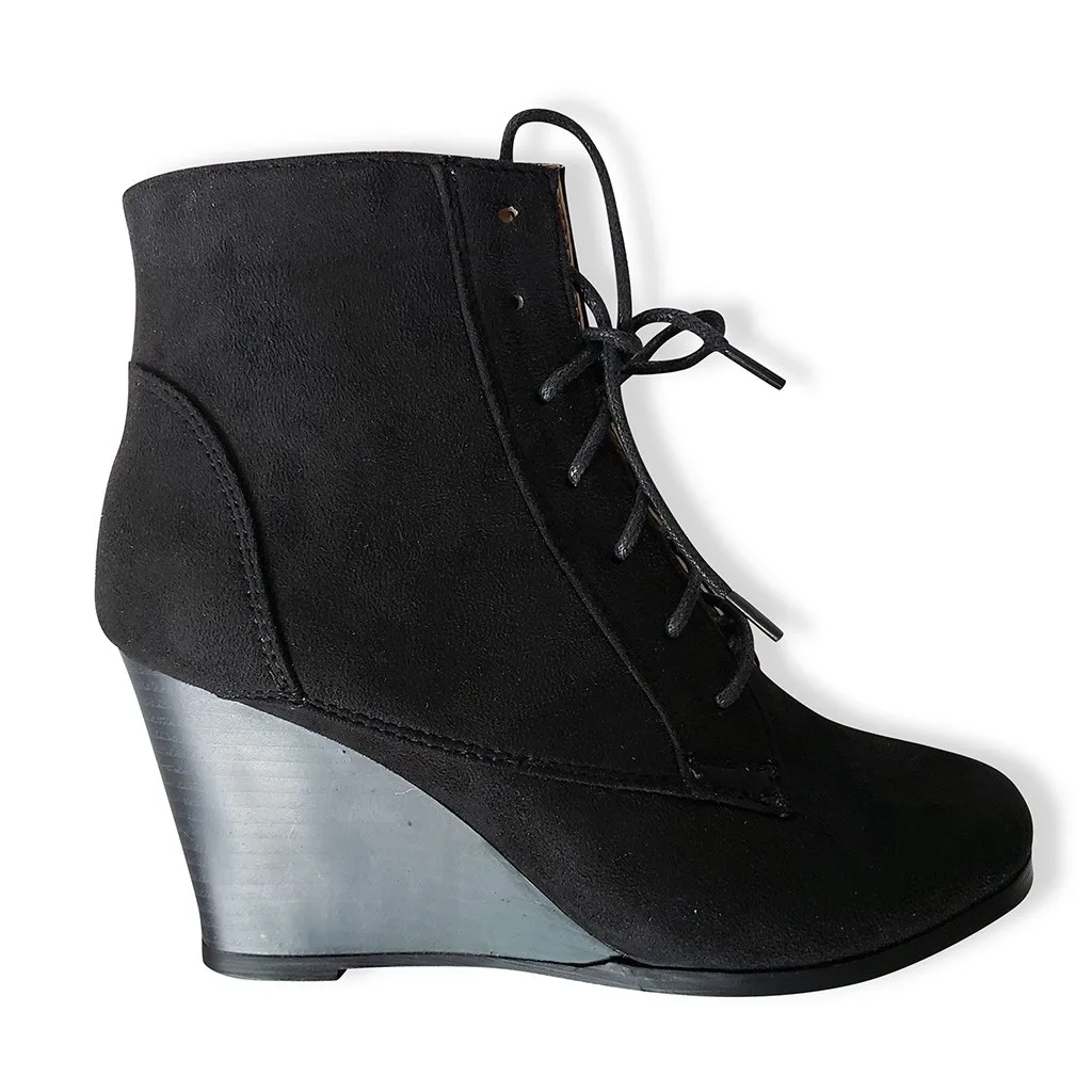 Женские ботинки однотонные на танкетке со шнуровкой молнии для девочек