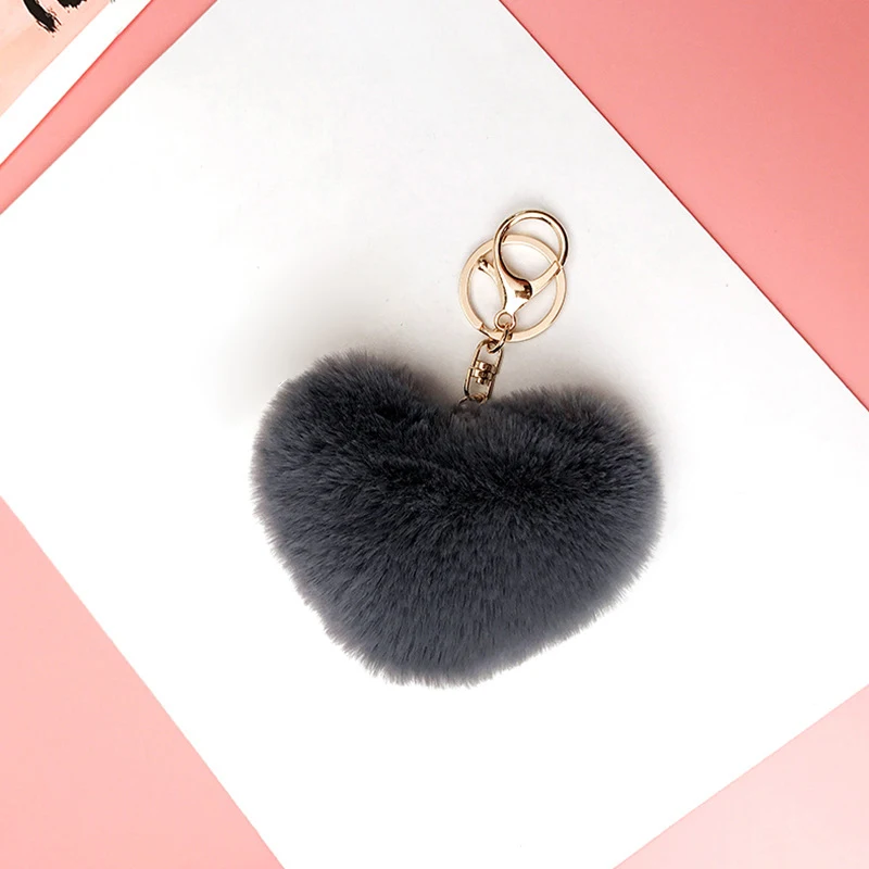 

Women Keyring Backpack Pendant Bag Decoration Heart Shape Pompom Keychain Metal Circle Plush Bag Key Holder