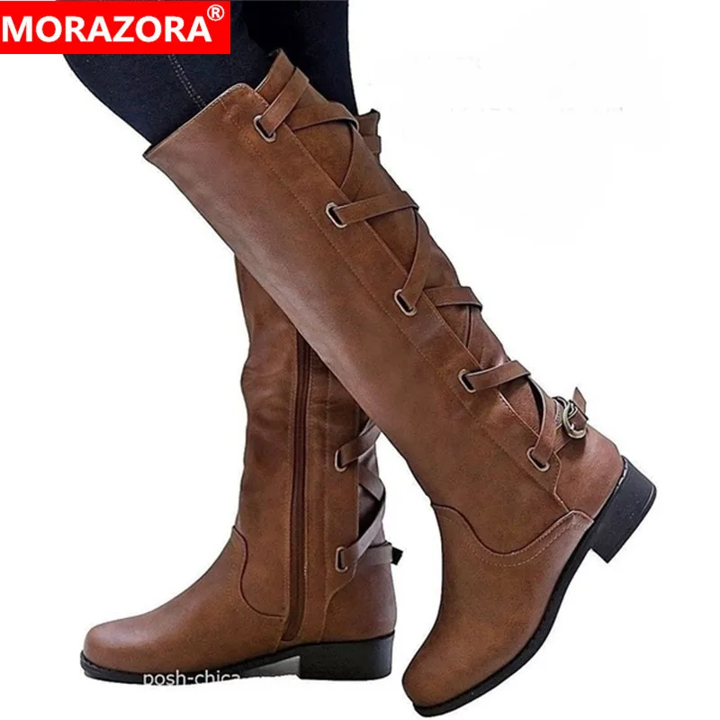 MORAZORA/; женские сапоги до колена; осенне-зимние сапоги на молнии с пряжкой; удобная повседневная женская обувь на квадратном каблуке; большой размер 43