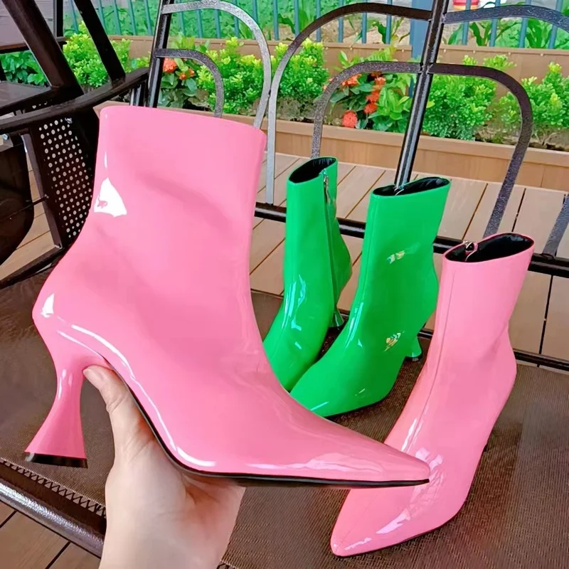 

2021 Fashion Women's High Heel Boots Patent Leather PU Women's Ankle Boots Thick Heel Pointed Boots Candy Color Women's Boots