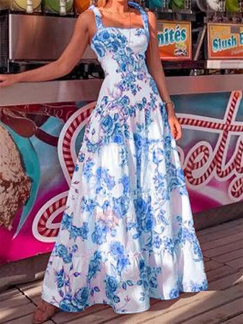 

Женское платье макси без рукавов, с квадратным вырезом и цветочным принтом