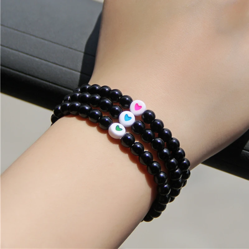 Модные браслеты счастливое сердце очаровательные черные бусины браслет для