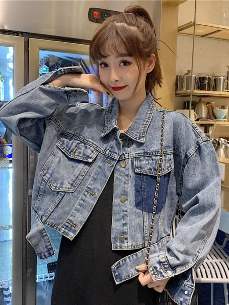 

2021 Spring Autumn Loose Casual Women Short Denim Jackets Solid Color All-Match Long Sleeve Lapel Jean Coat Fashion Thin Outwear
