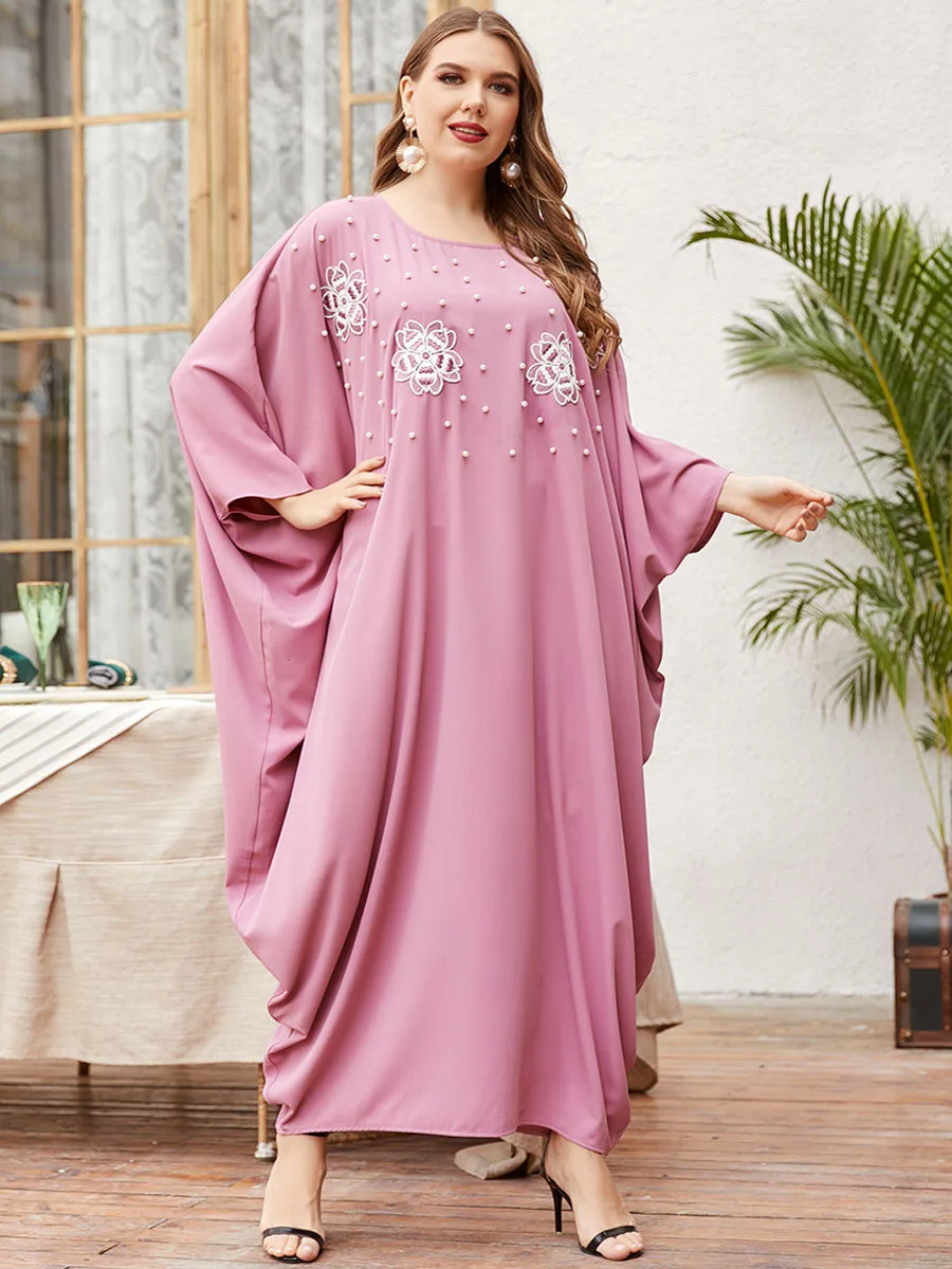 2021 Oversized Batwing Sleeve Muslim Arabic Oman Robe  Pink Pearl Beaded Embroidery Dressing Gowns for Women Ramadan Eid