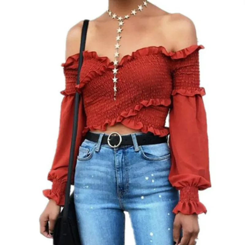 Пикантная шифоновая блузка с открытыми плечами рубашка воротником лодочкой