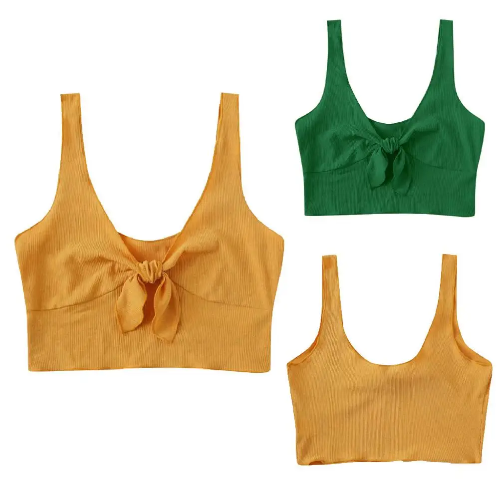 Женский короткий топ с оборками на подоле желтая повседневная майка глубоким v