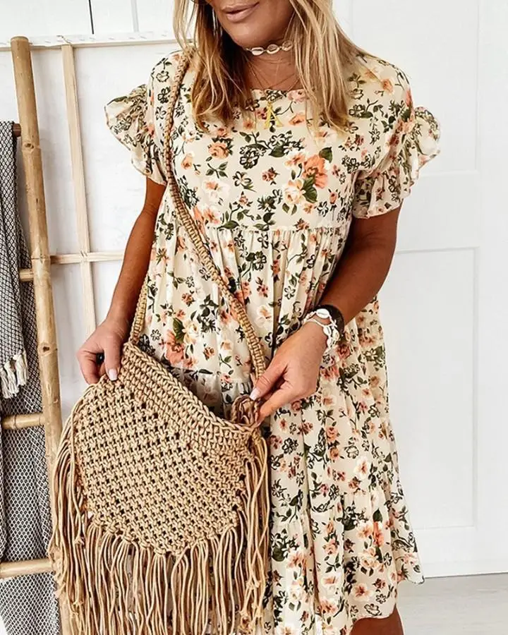 

2021 new summer Floral Print Ruffle Mini Dress women Elegant O-Neck Short Sleeve dresses female Boho A-Line beach Party Dress