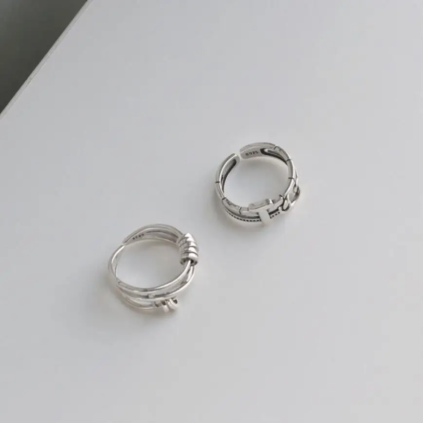 

925 Sterling Silver Ins Retro Multilayer Beads Geometric T Letter Index Finger Opening Rings For Women Couple Fine Jewelry R473