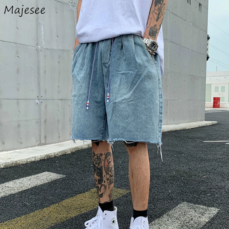 

Men Jeans Denim Casual Loose Straight Knee Length Male All-match Bottoms Elastic Waist Summer Leisure Korean Style Ulzzang Chic
