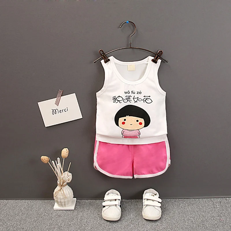 2019 HOT Baby Clothes Summer Boys Girls Casual Sleeveless Cartoon Words Print T-shirt Tops+Shorts Suits Costume Set | Детская одежда и