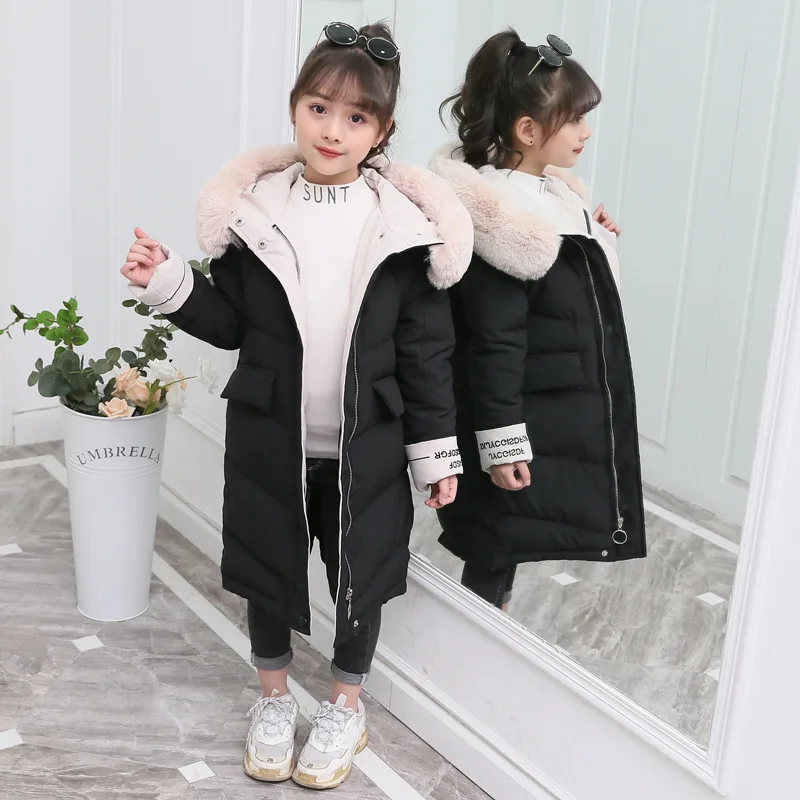 

Winter Rabbit Fur Heavyweight Warm Child Long Coat Cotton Liner Baby Girls Jackets Children Outerwear For 3-14 Years Old