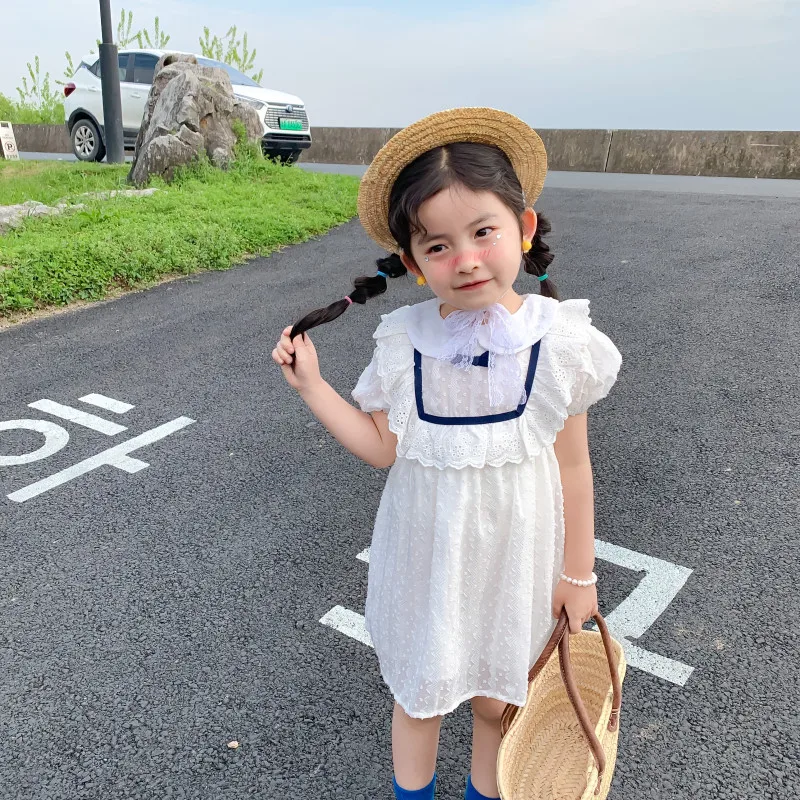 

Summer New Arrival girl's dress princess short sleeve matching lace collar girl's sweet dress for cute baby girls