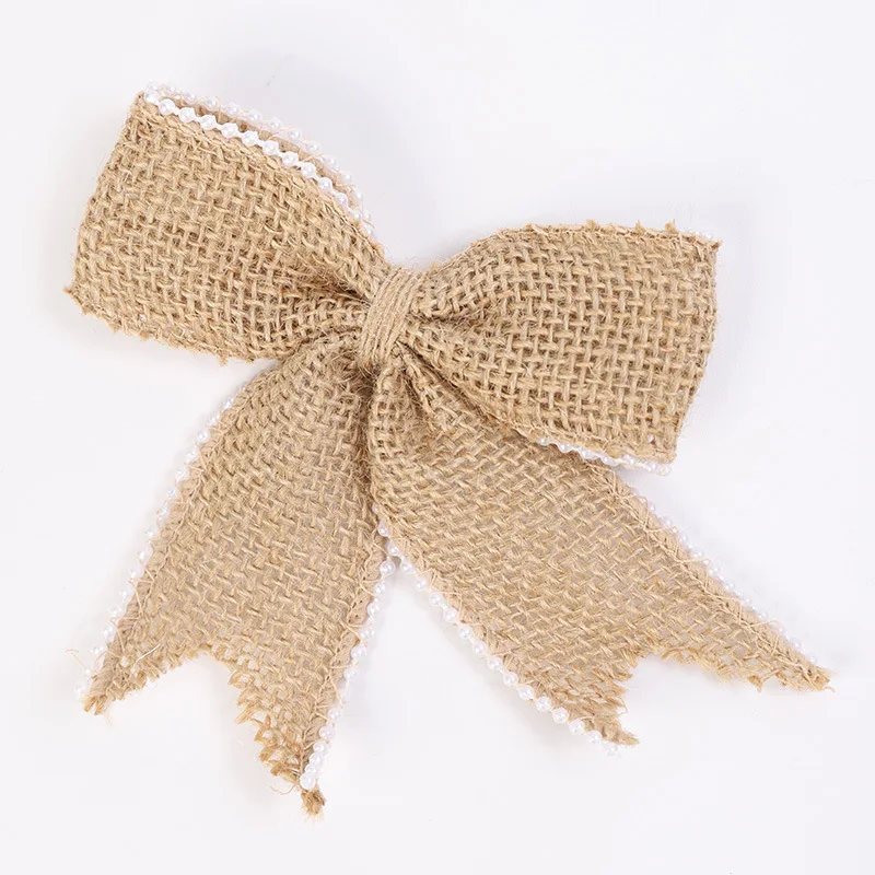 10 шт. натуральный джутовый бантик с белой кружевной отделкой для рождества