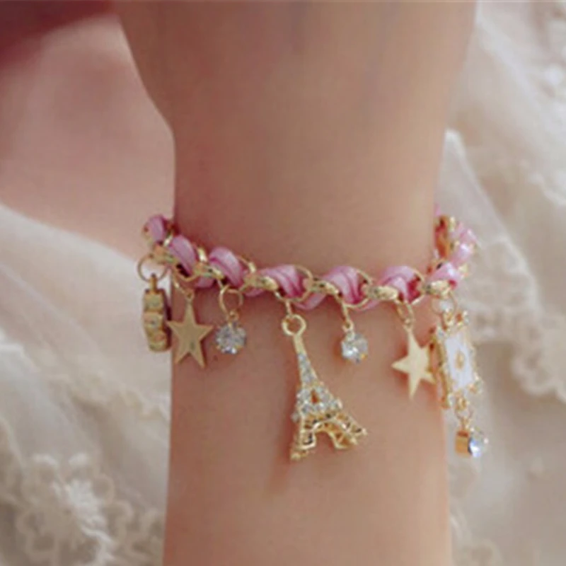 Fashion popular wild five-pointed star flower playing card A Paris Eiffel Tower crown leather rope woven bracelet anklet female | Украшения