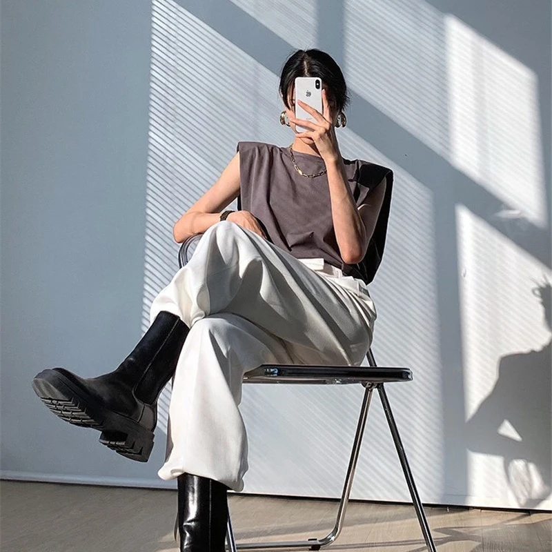 

Limiguyue Chic Shoulder Pad Casual T Shirts Retro Women Cotton Tees Summer Loose Solid O Neck Tshirt Steetwear Wear Top K2417