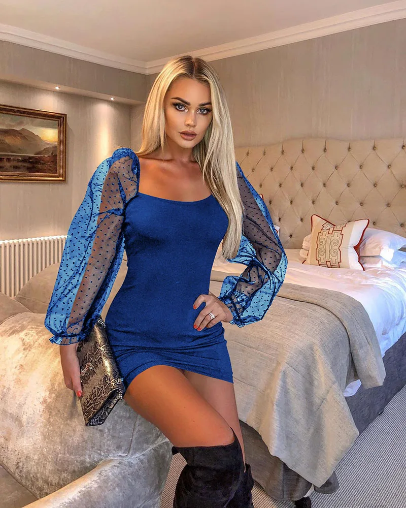 Платье с пышными рукавами женское платье квадратным вырезом в горошек Сетчатое