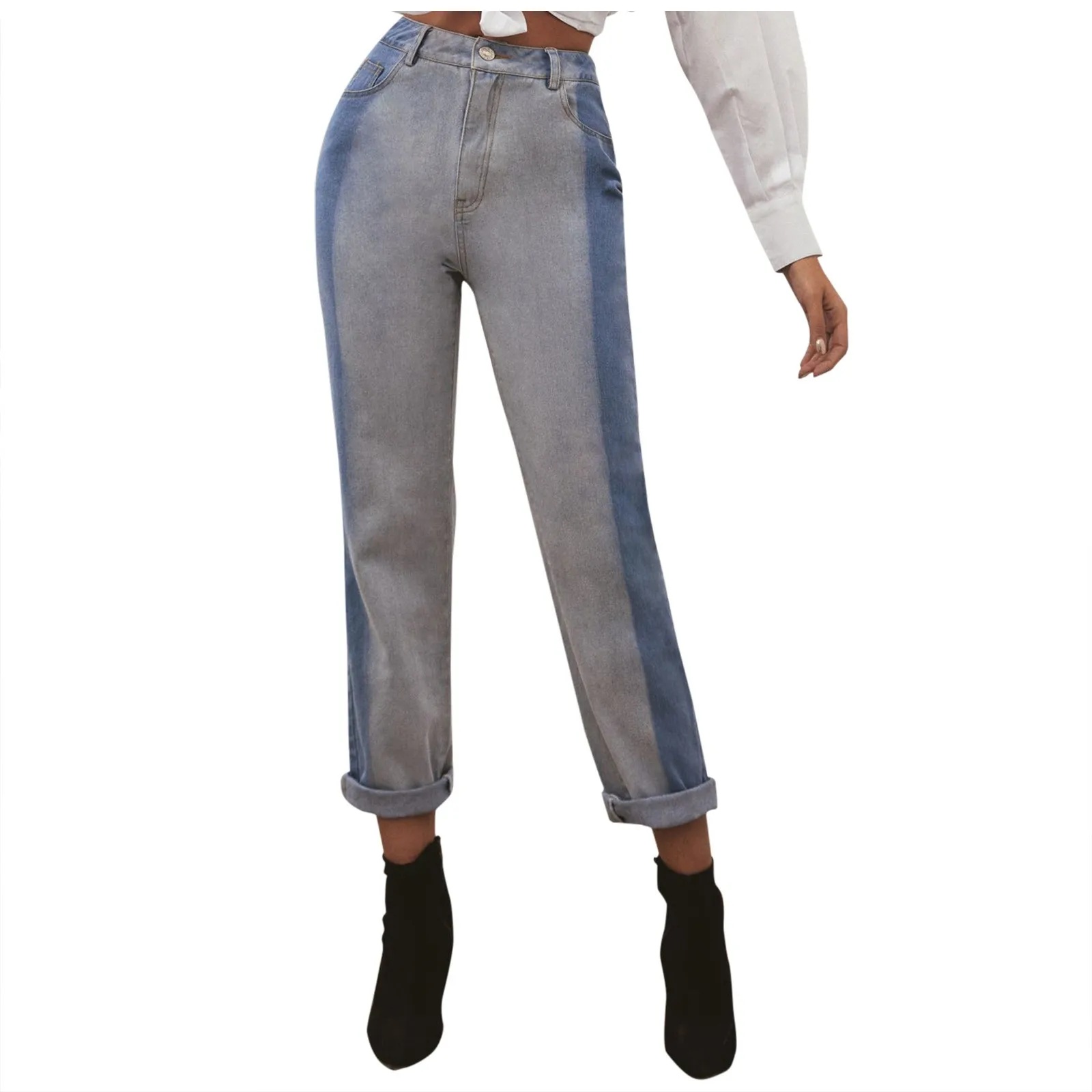 

SAGACE Ladies stitching high-waisted hole was thin high- wide-leg pants Fashionable personality high-waist jeans 