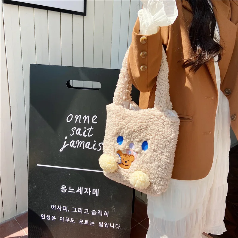 

Artificial Lamb Wool Ladies Shoulder Bags Winter Soft Plush Handags for Women Cute Cartoon Bear Girls Casual Tote Shopping Bag