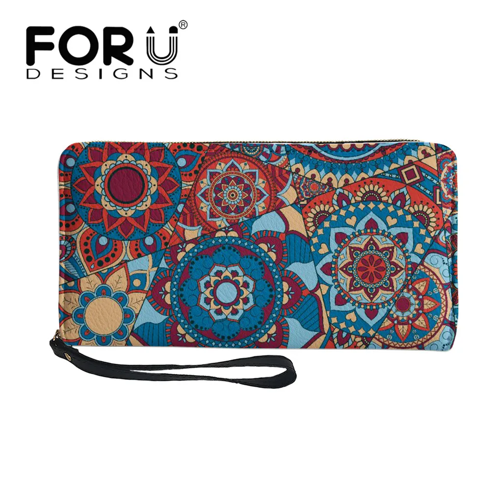 

FORUDESIGNS кожаный Длинный кошелек с рисунком мандалы, Модный кошелек для ID, портативный кошелек с ремешком на руку, 4 слота для карт