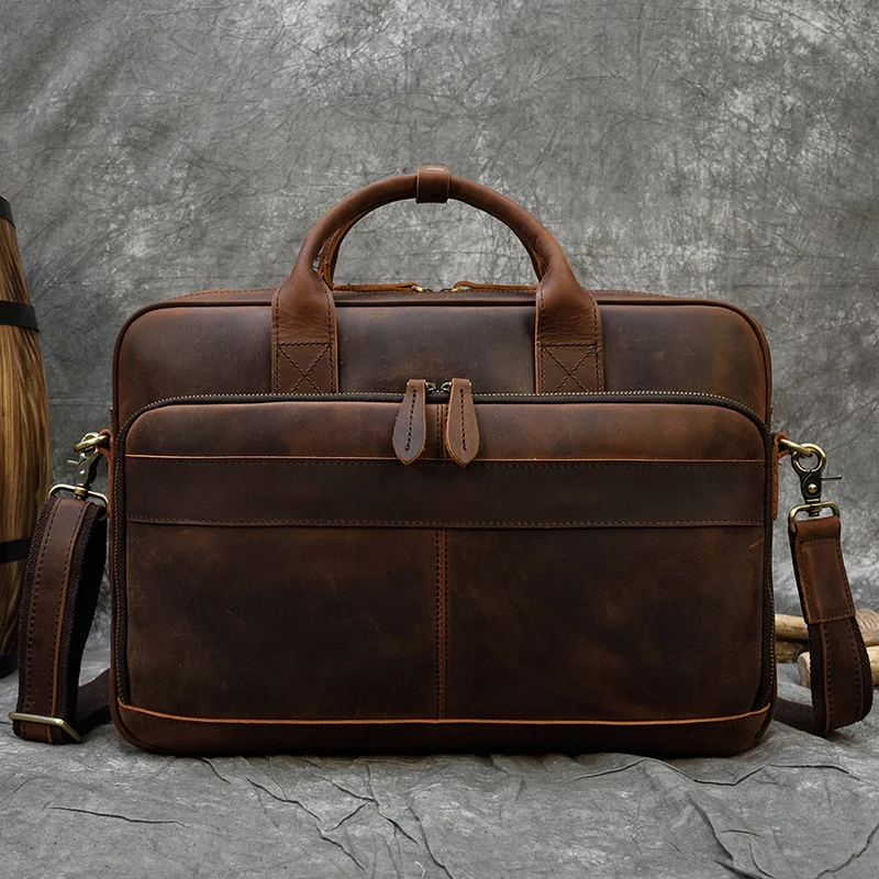 POOLOOS  Men Briefcase Genuine Leather Laptop Bag 15.6