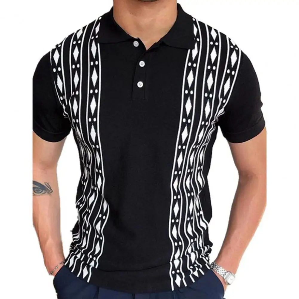 

Summer Men Turn-down Collar Shirt Contrast Color Breathable Buttons Short Sleeve Knitted Shirt Streetwear 2021 Male New Shirt