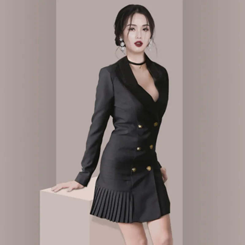 Autumn Fashion Blazer Women Temperament Double-breasted Lapel Long Sleeve Pleated Blazers OL Occupation Jacket Coat