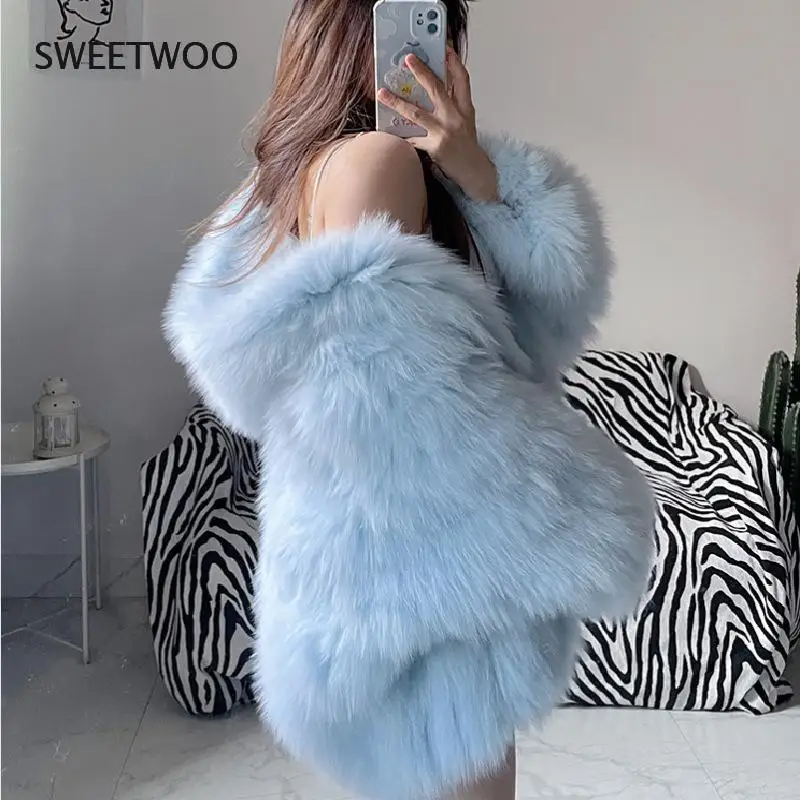 Winter Real Fur Knitted Furry Fox Fur Coat Hooded Bat Sleeve Chaquetas De Mujer Abrigo Peludo Casaco De Pele Fake Feminino 2022