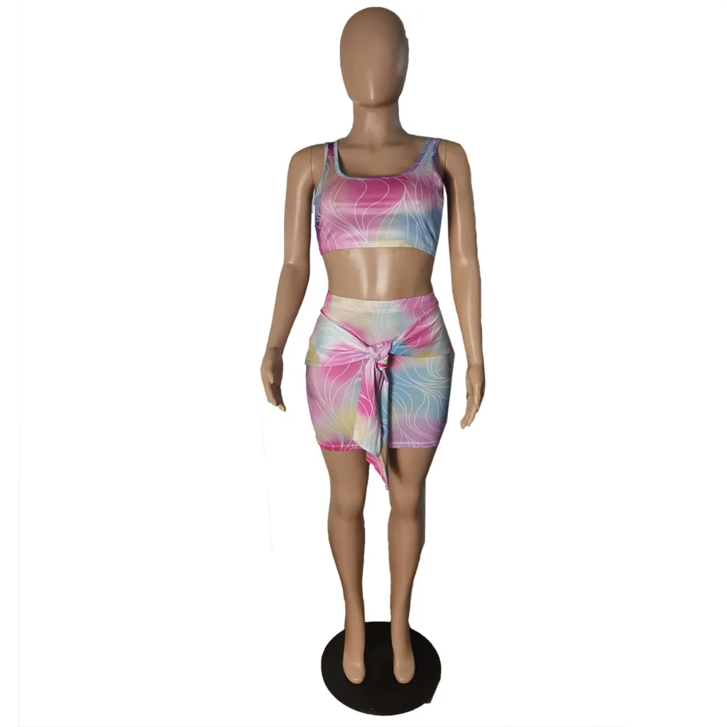 

Cutubly Women Two Piece Set Colorful Print 2 Piece Skirt Set Square Neck Crop Top Sexy Tie knot Skinny Mini Skirt Set