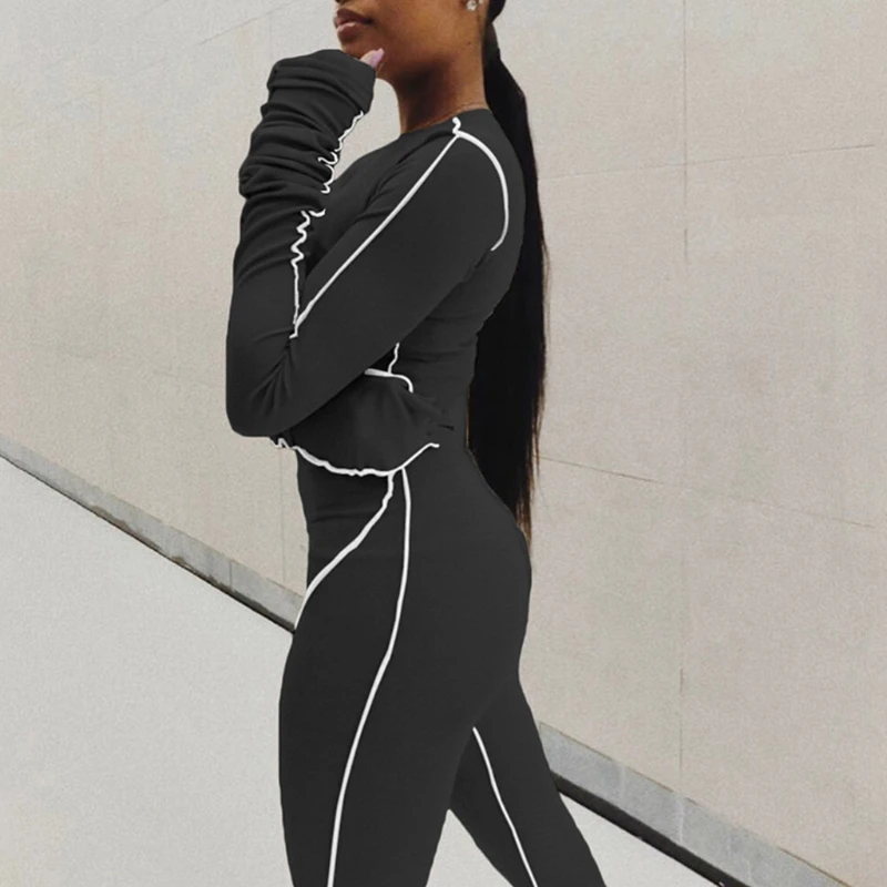 

Women 2 Piece Workout Outfits Set Stacked Long Sleeve Crop Top High Waist Leggings Stitching Striped Sport Tracksuit