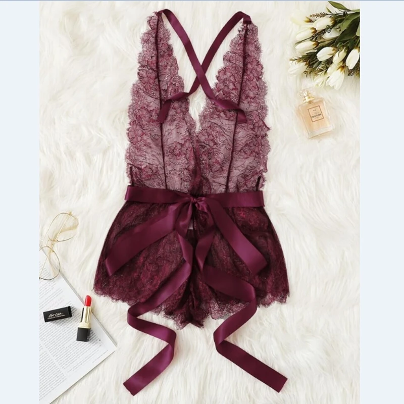 Женское Сексуальное Фиолетовое Кружевное боди прозрачное ночное белье атласное
