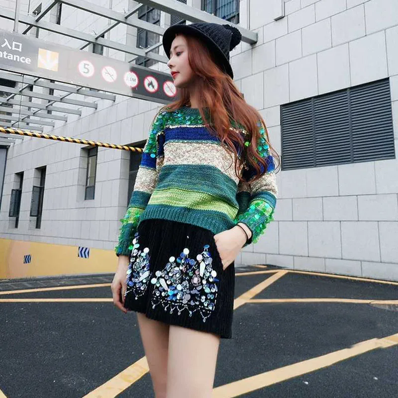 Блестящие топы Женский Базовый стиль повседневный Блестящий пуловер в радужную